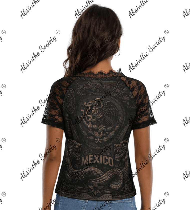 Mexico V-neck T-shirt With Lace - Gothic Mexican Pride Feminine