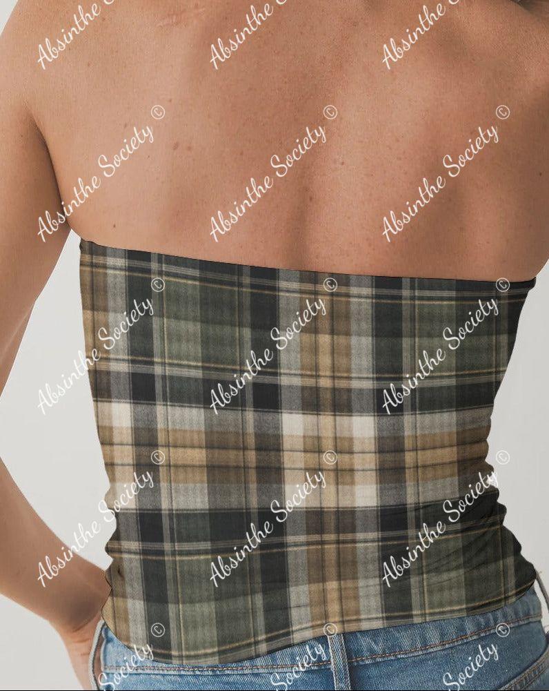 Street Plaid | Brown & Tan Double-Layer Strapless Top | Chicana Earthtone Streetwear