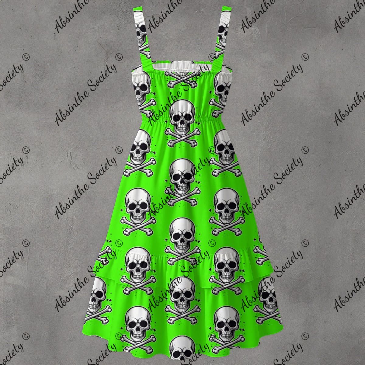 Skull Ritual Green Electric- Ruffle Hem Dress