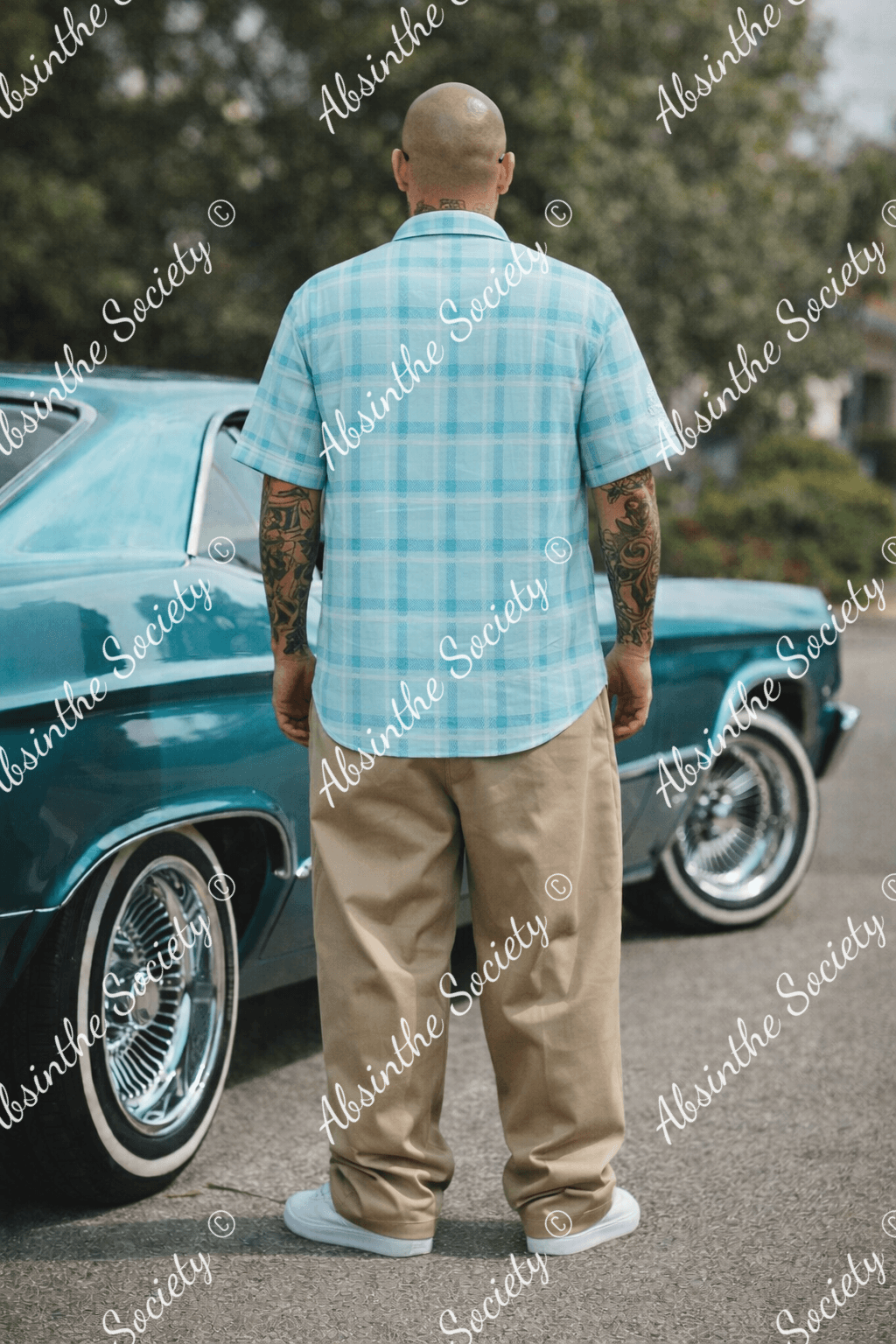 Teal Absinthe Society Plaid -White Sleeve Logo- Button Collared Shirt