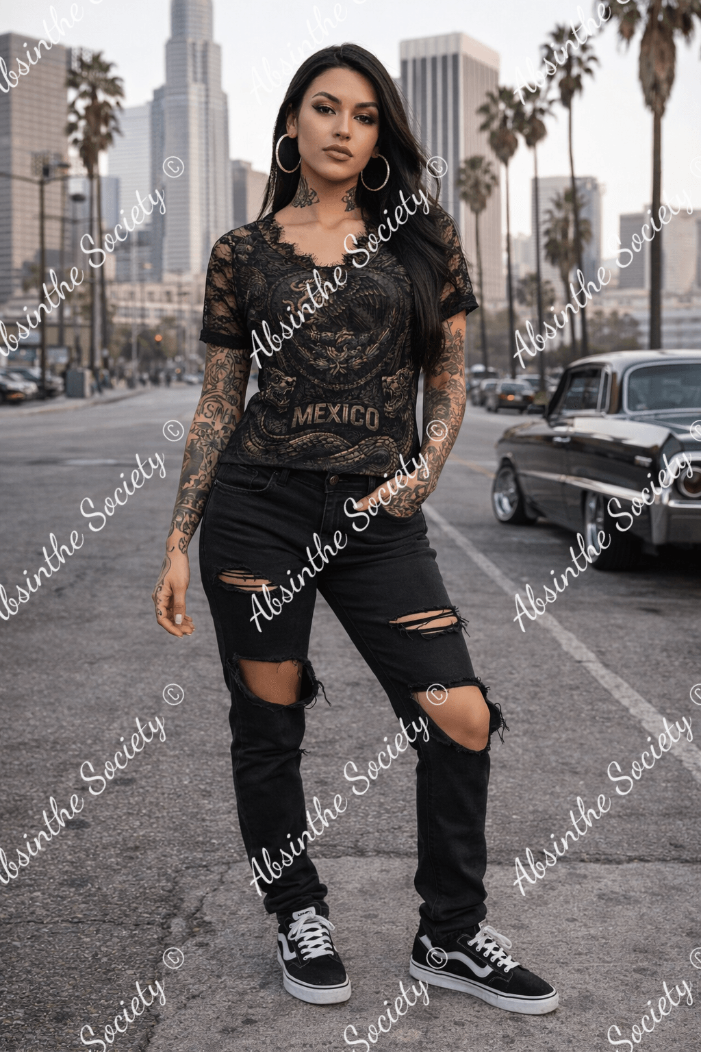 Mexico V-neck T-shirt With Lace - Gothic Mexican Pride Feminine White