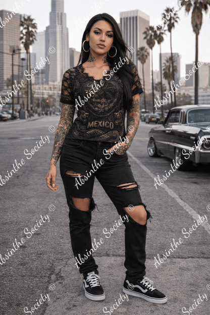 Mexico V-neck T-shirt With Lace - Gothic Mexican Pride Feminine White