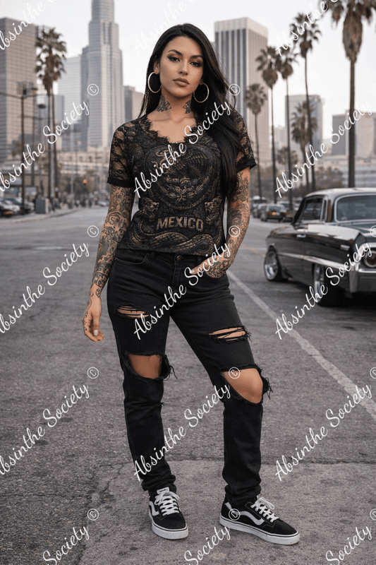 Mexico V-neck T-shirt With Lace - Gothic Mexican Pride Feminine White