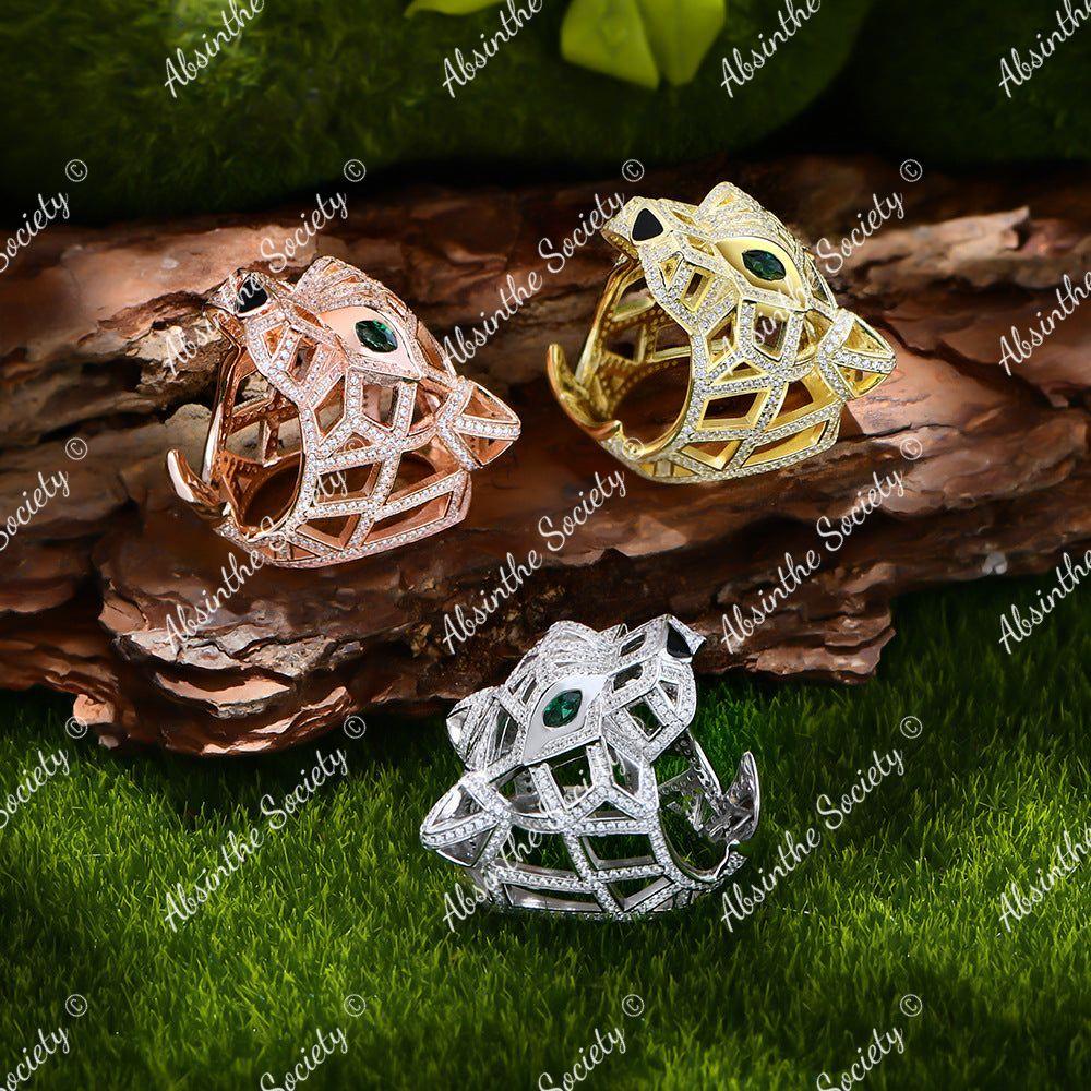 Ocelotl | Jaguar Head Micro-Inlaid Diamond Sterling Silver Ring