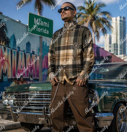 Street Plaid Print | Brown & Tan Long-Sleeve Shirt with Pocket | Chicano Earthtone Streetwear