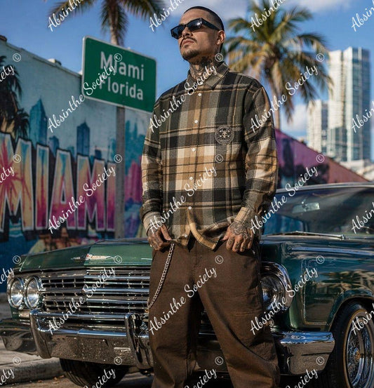 Street Plaid Print | Brown & Tan Long-Sleeve Shirt with Pocket | Chicano Earthtone Streetwear