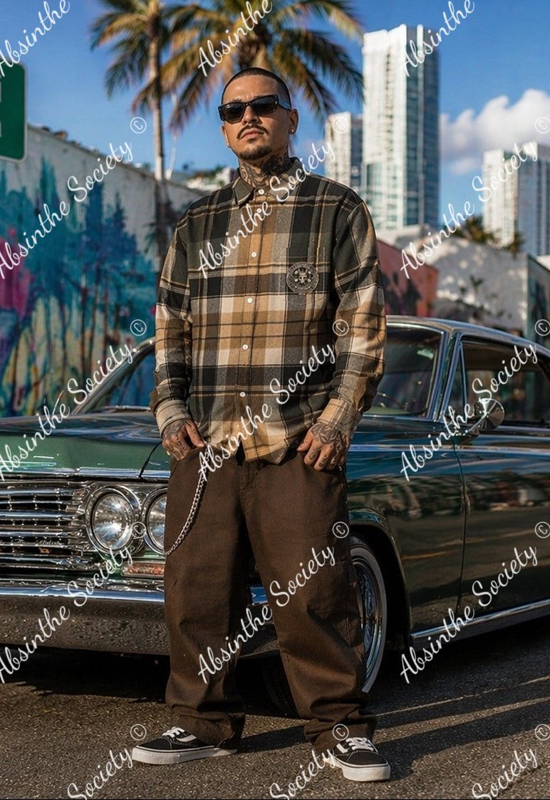 Street Plaid Print | Brown & Tan Long-Sleeve Shirt with Pocket | Chicano Earthtone Streetwear