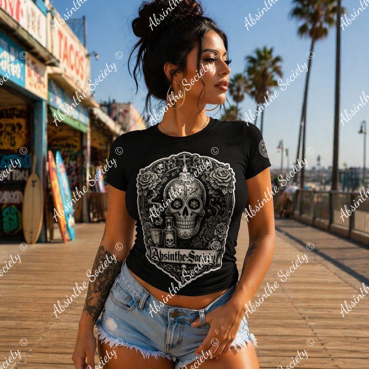 Absinthe Society Sugar Skull | Black Print Spandex Slim-Fit T-Shirt