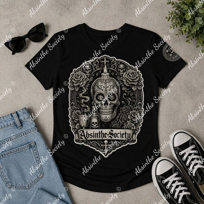Absinthe Society Sugar Skull | Black Print Spandex Slim-Fit T-Shirt White