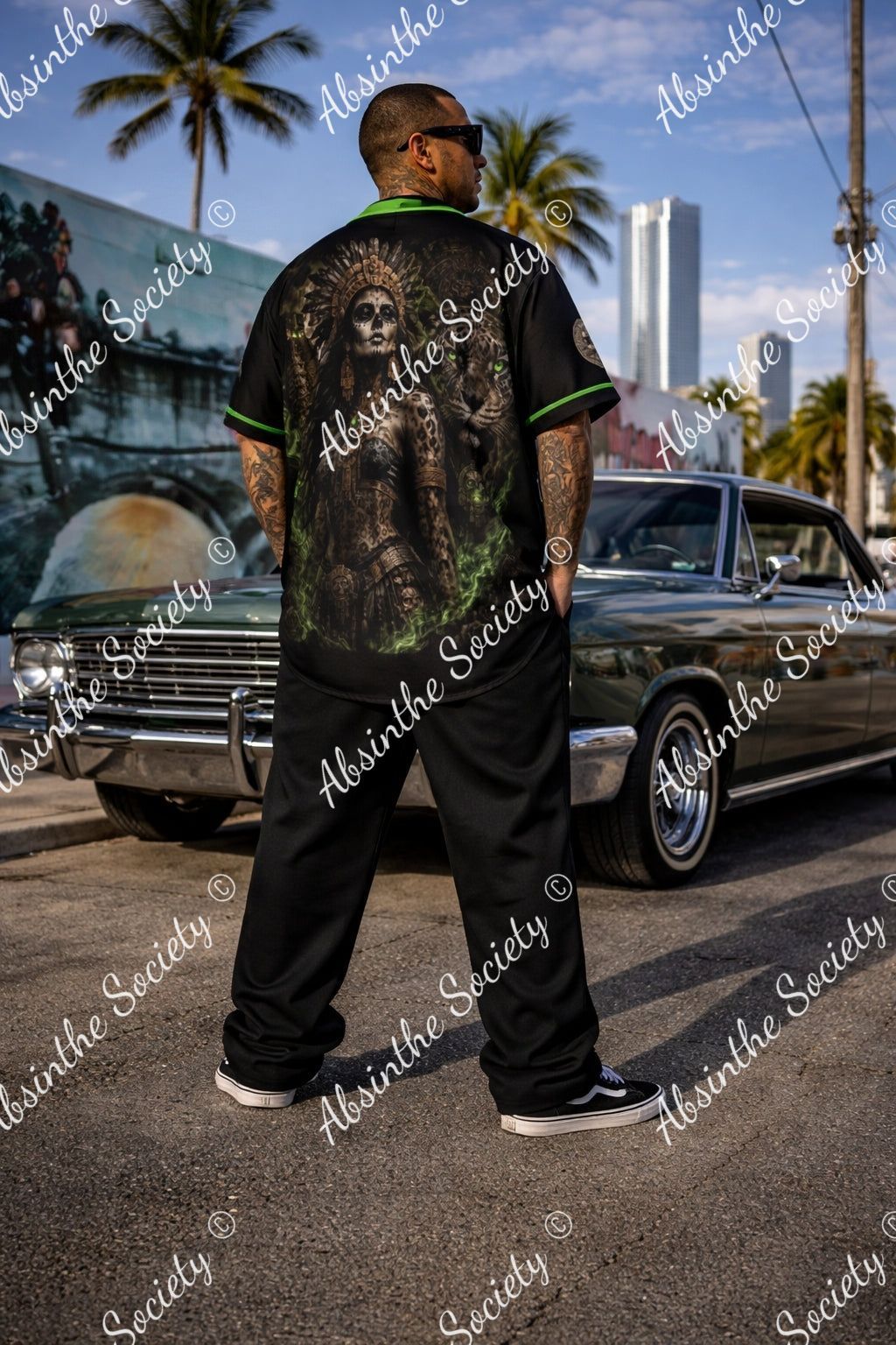 La Reina | Lime Green Baseball Jersey with Pinstripes | Chicana Dark Streetwear