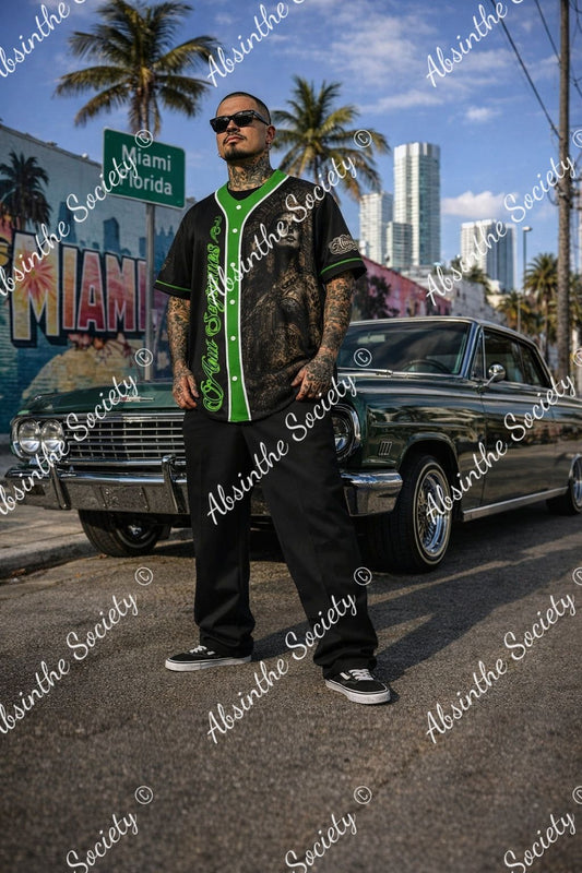 La Reina | Lime Green Baseball Jersey with Pinstripes | Chicana Dark Streetwear