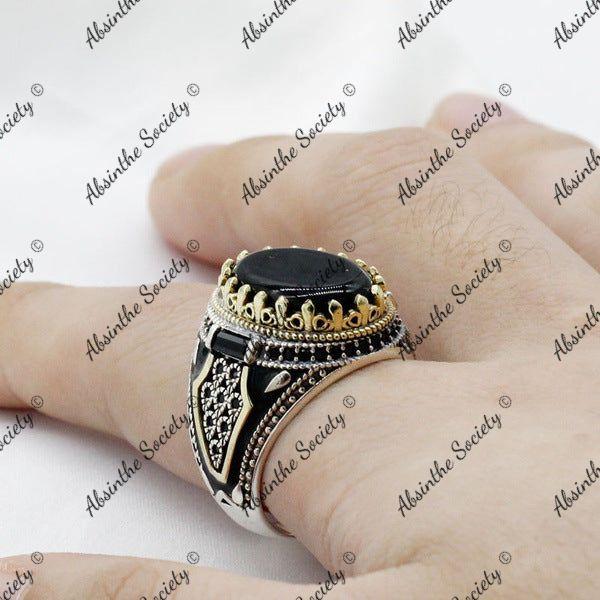 Itztli | Black Natural Agate 925 Sterling Silver Ring