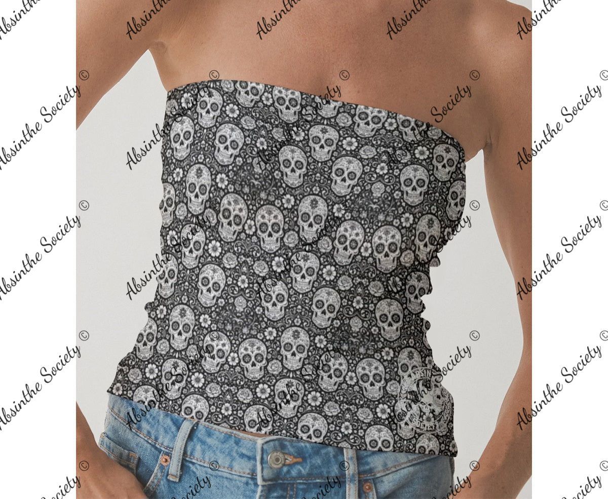 Gothic Gala Sugar Skull - Double-Layer Strapless Top | Día de los Muertos White