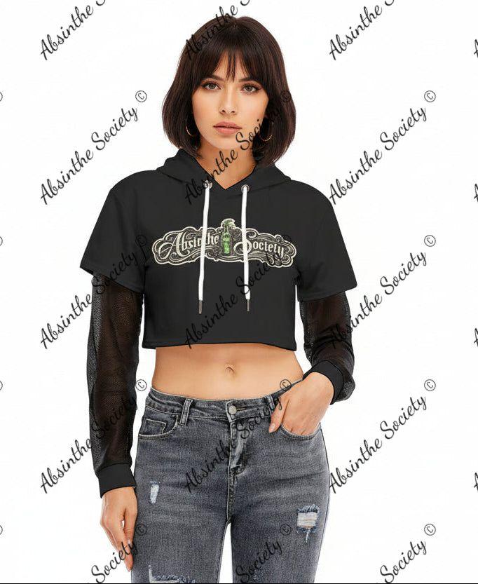 Absinthe Society Logo Mesh Sleeve Cropped Hoodie White