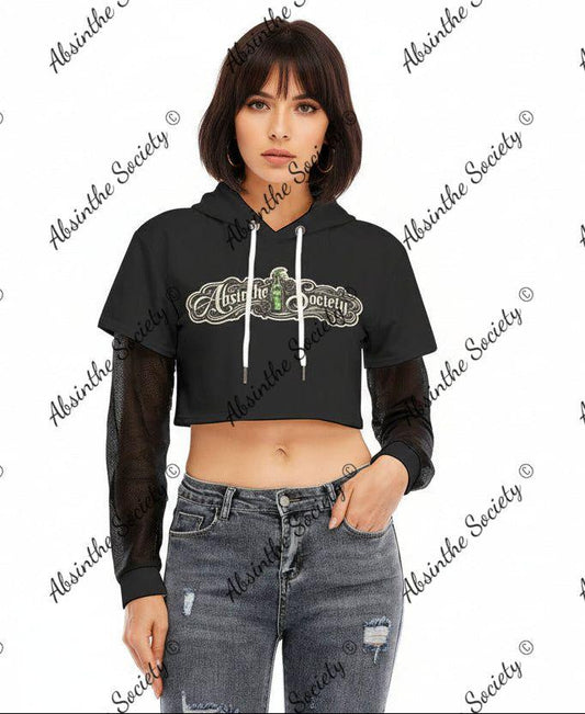 Absinthe Society Logo Mesh Sleeve Cropped Hoodie White