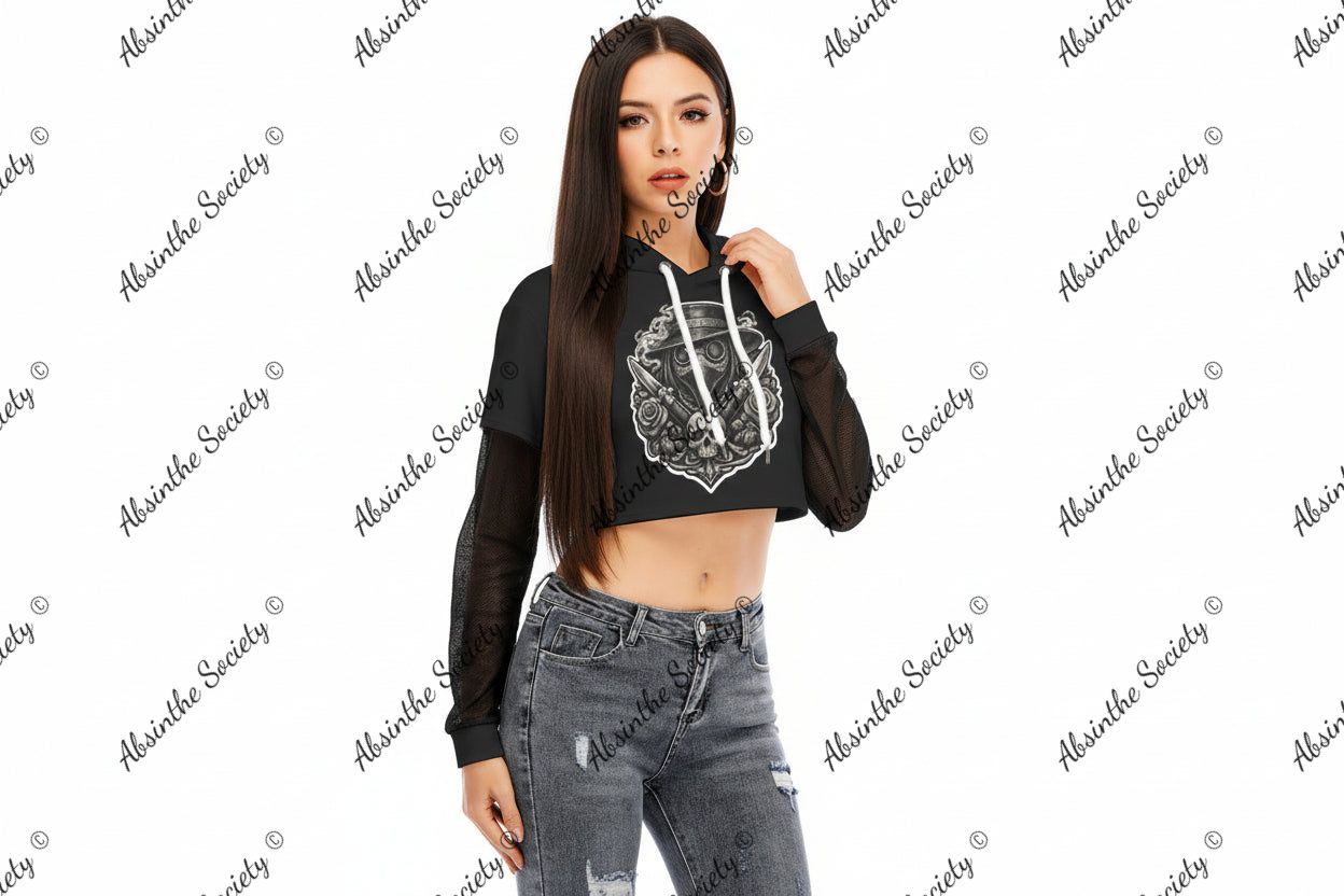 La Vida Toxica - Plague Saint &Widow Grayscale - Mesh Sleeve Cropped Hoodie