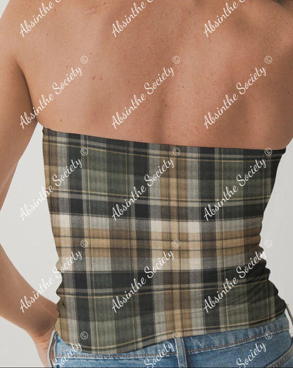 Street Plaid | Brown & Tan Double-Layer Strapless Top | Chicana Earthtone Streetwear
