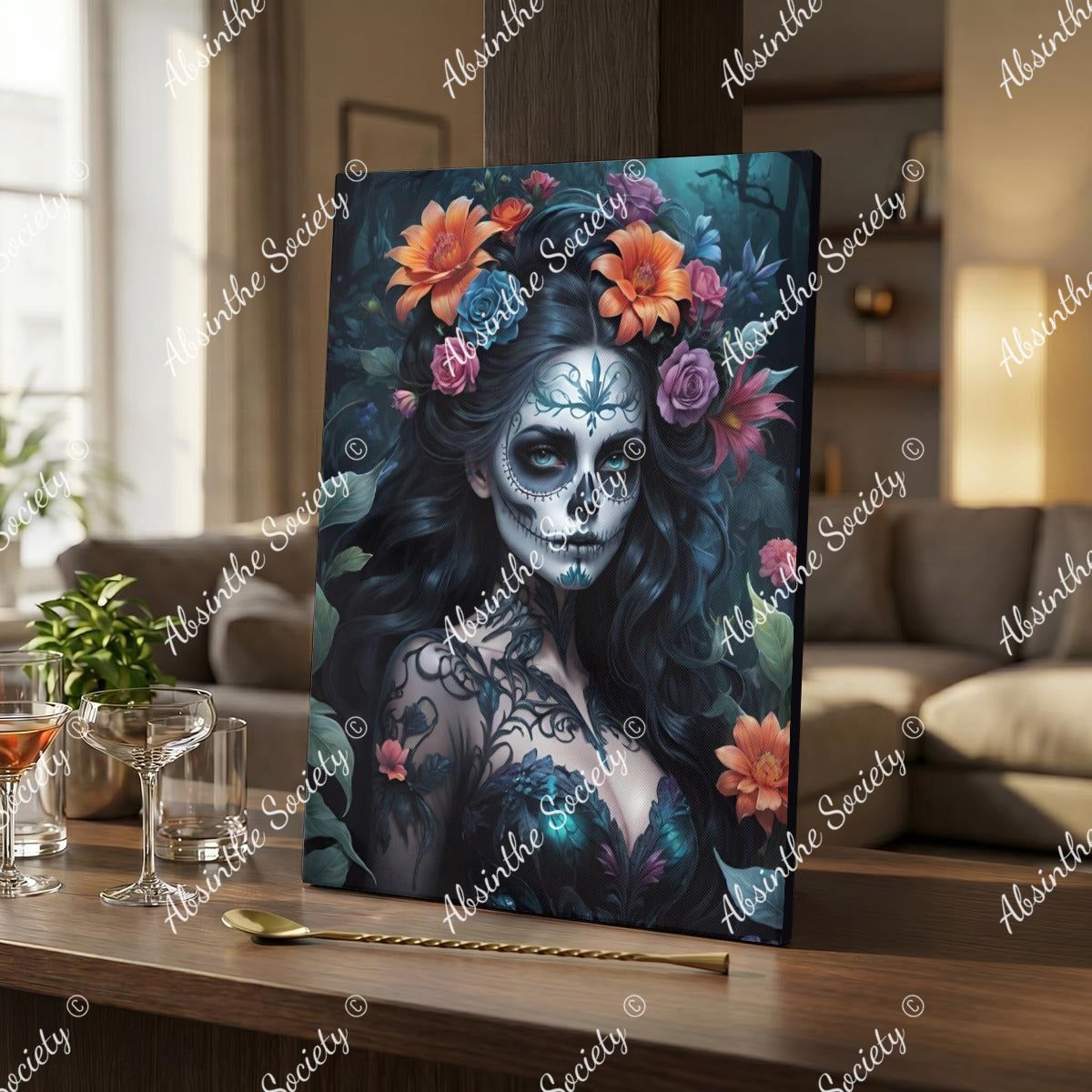 La Catrina Oscura | Dark Floral Framed Canvas Wall Art | Chicana Gothic Décor 30x41cm(12"x16") White