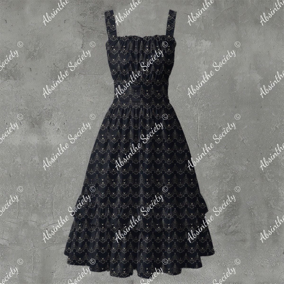 Midnight Batty Babe All-Over Print Ruffle Hem Dress White