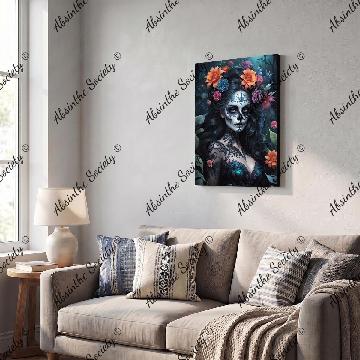La Catrina Oscura | Dark Floral Framed Canvas Wall Art | Chicana Gothic Décor