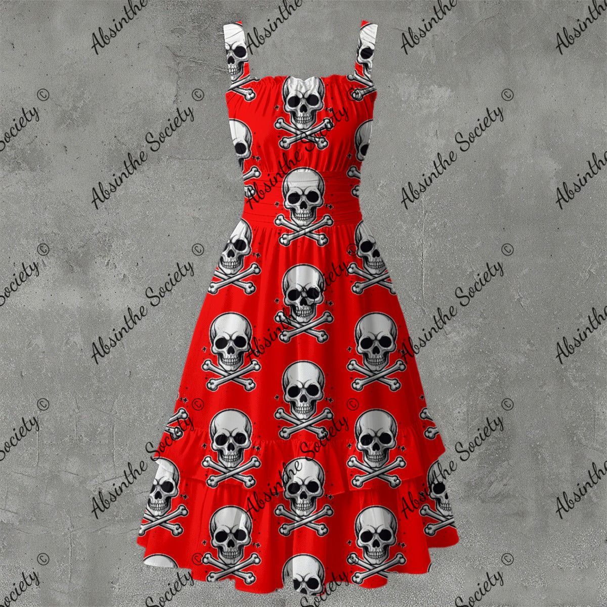 Skull Ritual Red - Ruffle Hem Dress White