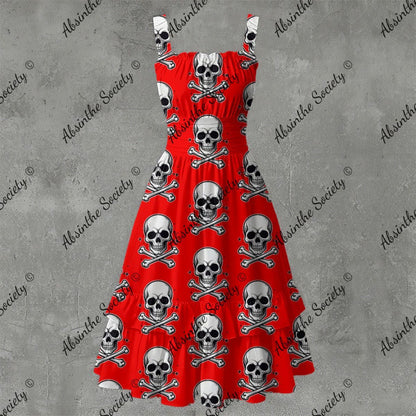 Skull Ritual Red - Ruffle Hem Dress White