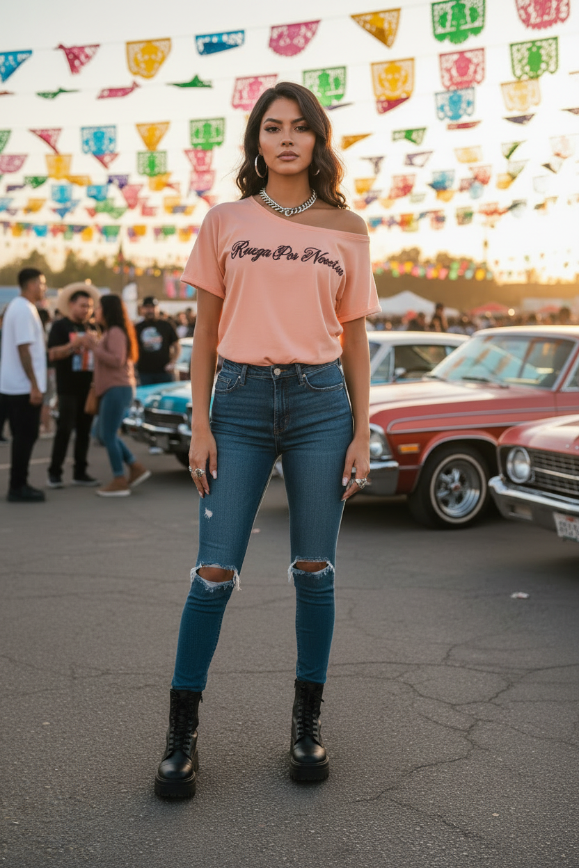 Ruega Por Nosotros | Off-Shoulder T-Shirt | Dark Chicana Gothic Streetwear