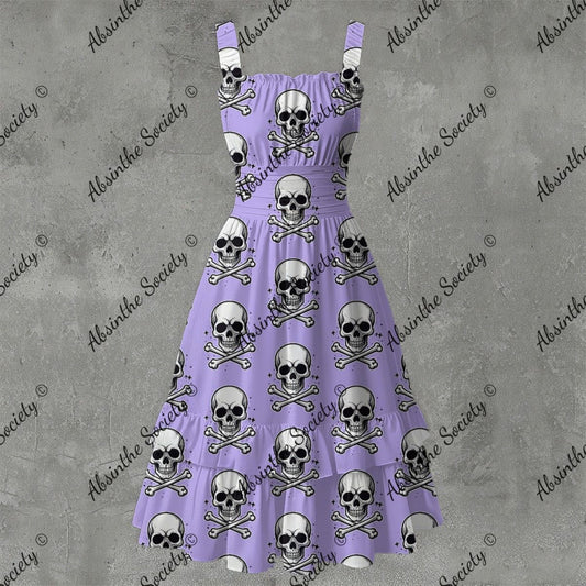 Skull Ritual Lavender - Ruffle Hem Dress White