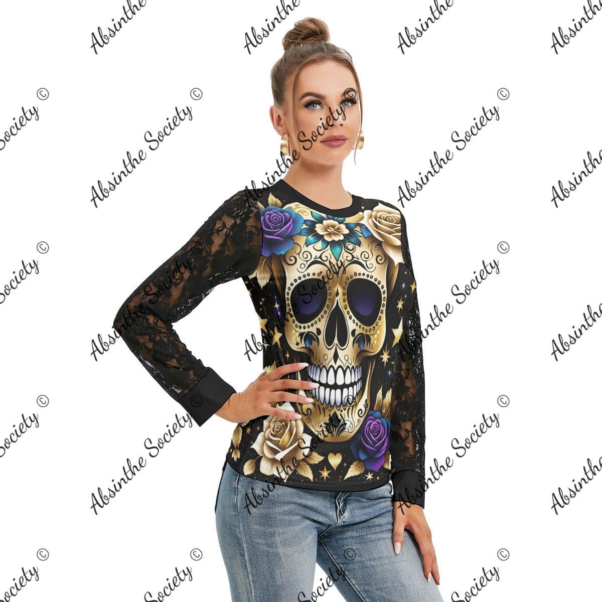 Lush Skull Garden Black Lace Sleeve Blouse