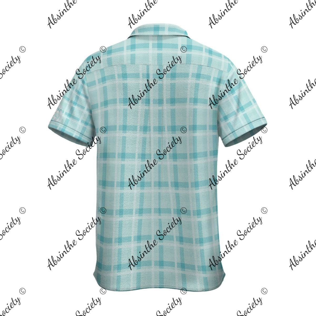 Teal Absinthe Society Plaid -White Sleeve Logo- Button Collared Shirt