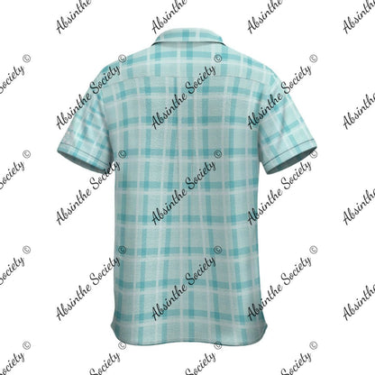 Teal Absinthe Society Plaid -White Sleeve Logo- Button Collared Shirt