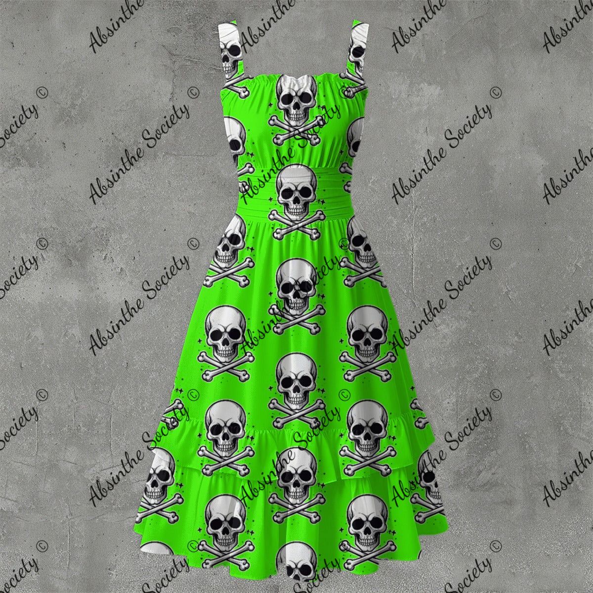 Skull Ritual Green Electric- Ruffle Hem Dress White