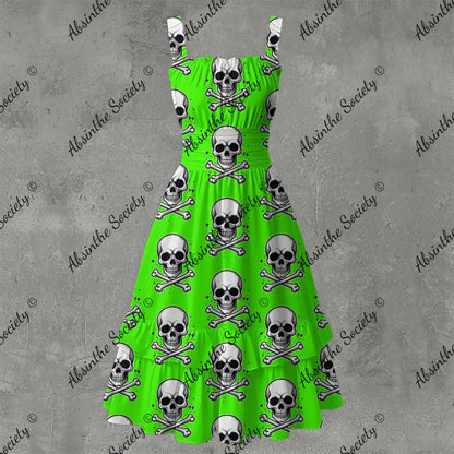 Skull Ritual Green Electric- Ruffle Hem Dress White