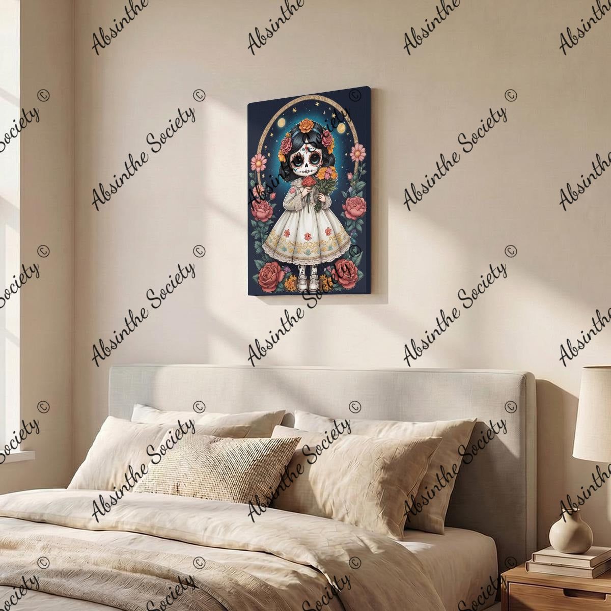 La Catrina Chiquita | Chibi Dark Catrina Pink Roses Framed Canvas Wall Art | Chicana Gothic Décor