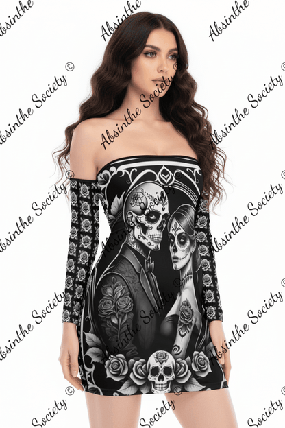 Ghostly Glamor - Sugar Skull Off-Shoulder Lace-Up Dress White