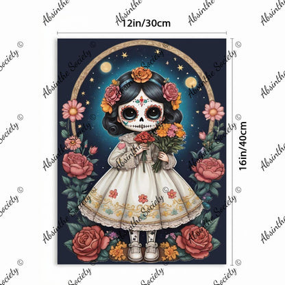 La Catrina Chiquita | Chibi Dark Catrina Pink Roses Framed Canvas Wall Art | Chicana Gothic Décor