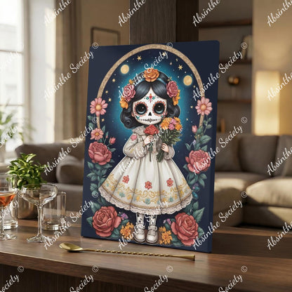La Catrina Chiquita | Chibi Dark Catrina Pink Roses Framed Canvas Wall Art | Chicana Gothic Décor 30x41cm(12"x16") White
