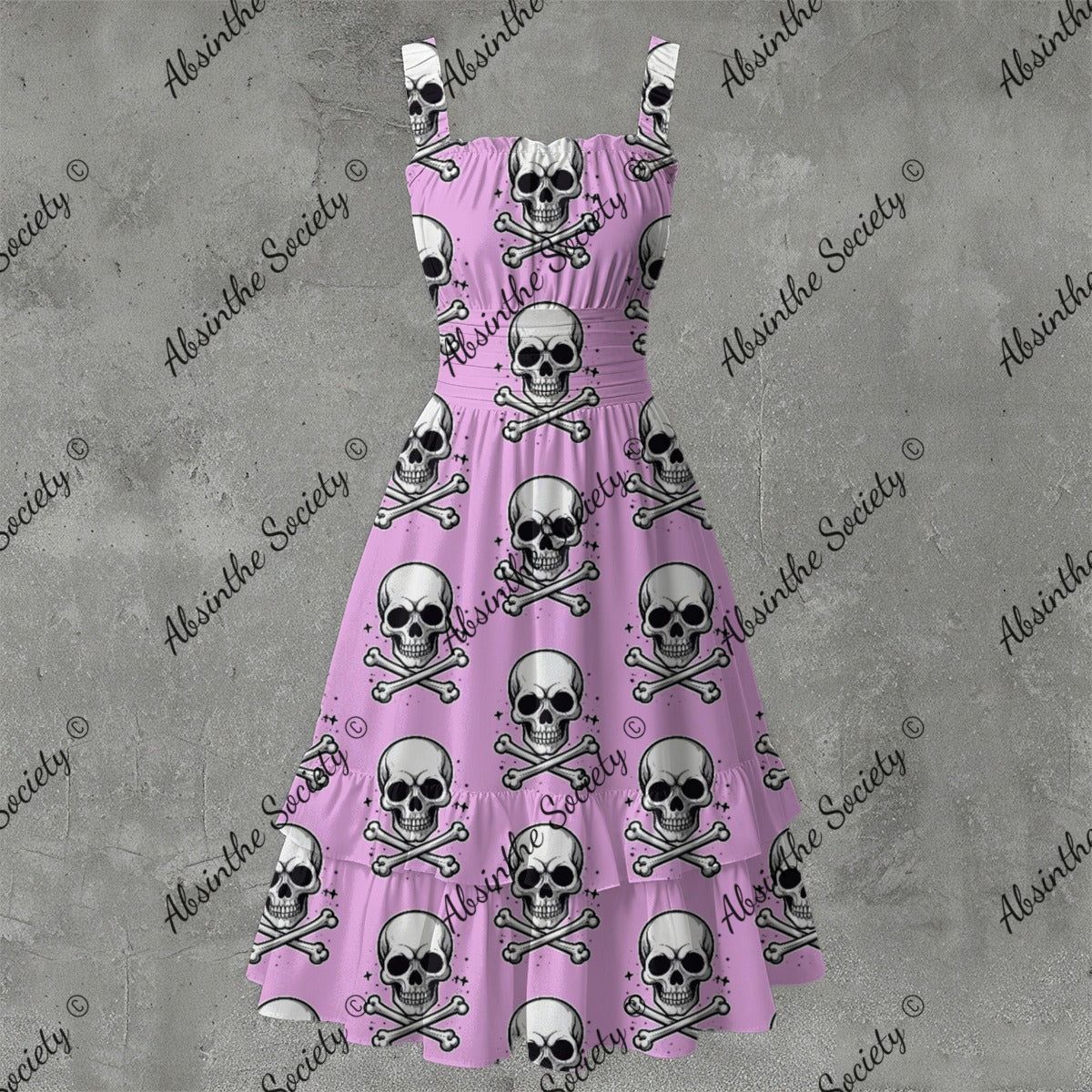 Skull Ritual Pink - Ruffle Hem Dress White