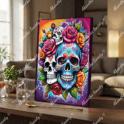 Las Calaveras | Sugar Skull Bright Floral Framed Canvas Wall Art | Chicana Gothic Décor 30x41cm(12"x16") White