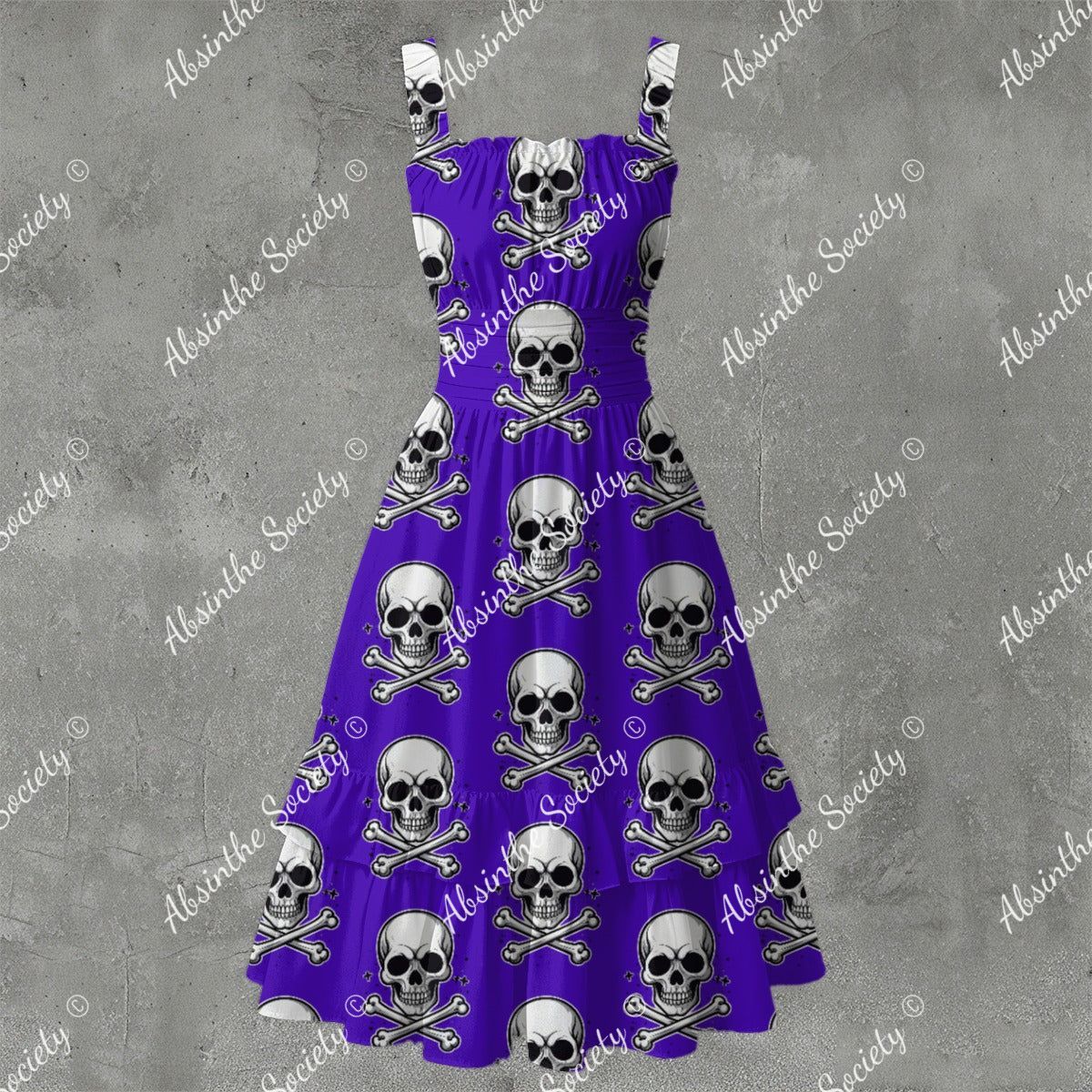 Skull Ritual Purple Electric-Ruffle Hem Dress White
