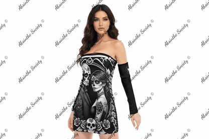 Ghostly Glamor - Sugar Skull Off-Shoulder Lace-Up Dress