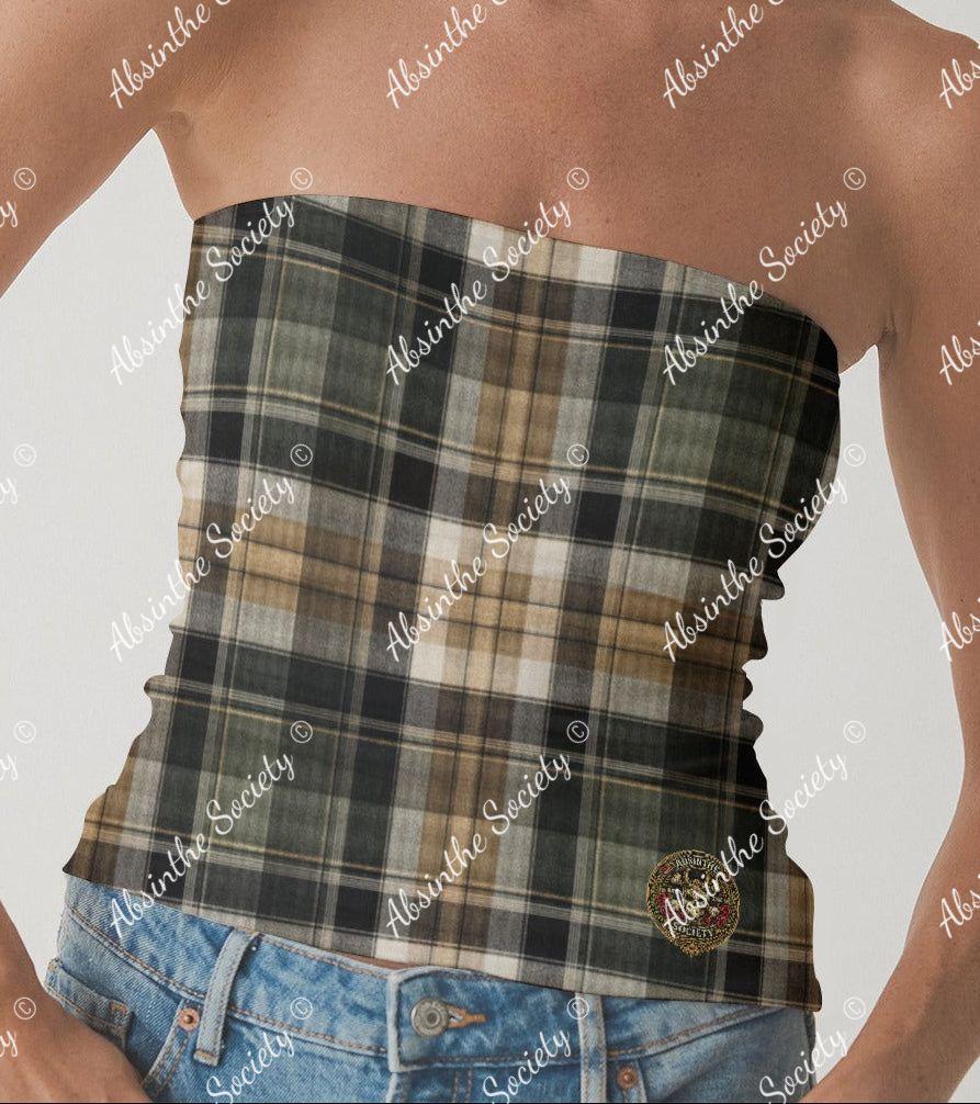 Street Plaid | Brown & Tan Double-Layer Strapless Top | Chicana Earthtone Streetwear White