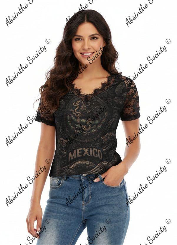 Mexico V-neck T-shirt With Lace - Gothic Mexican Pride Feminine