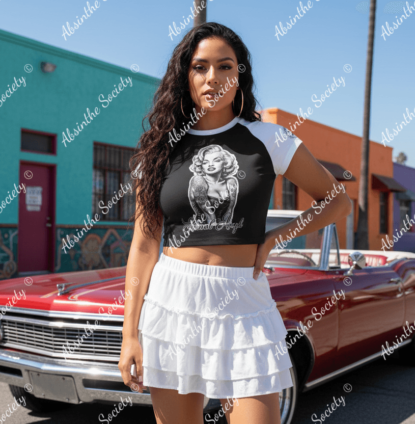 Eternal Angel White/Black Cropped T-shirt - Gothic Raglan White