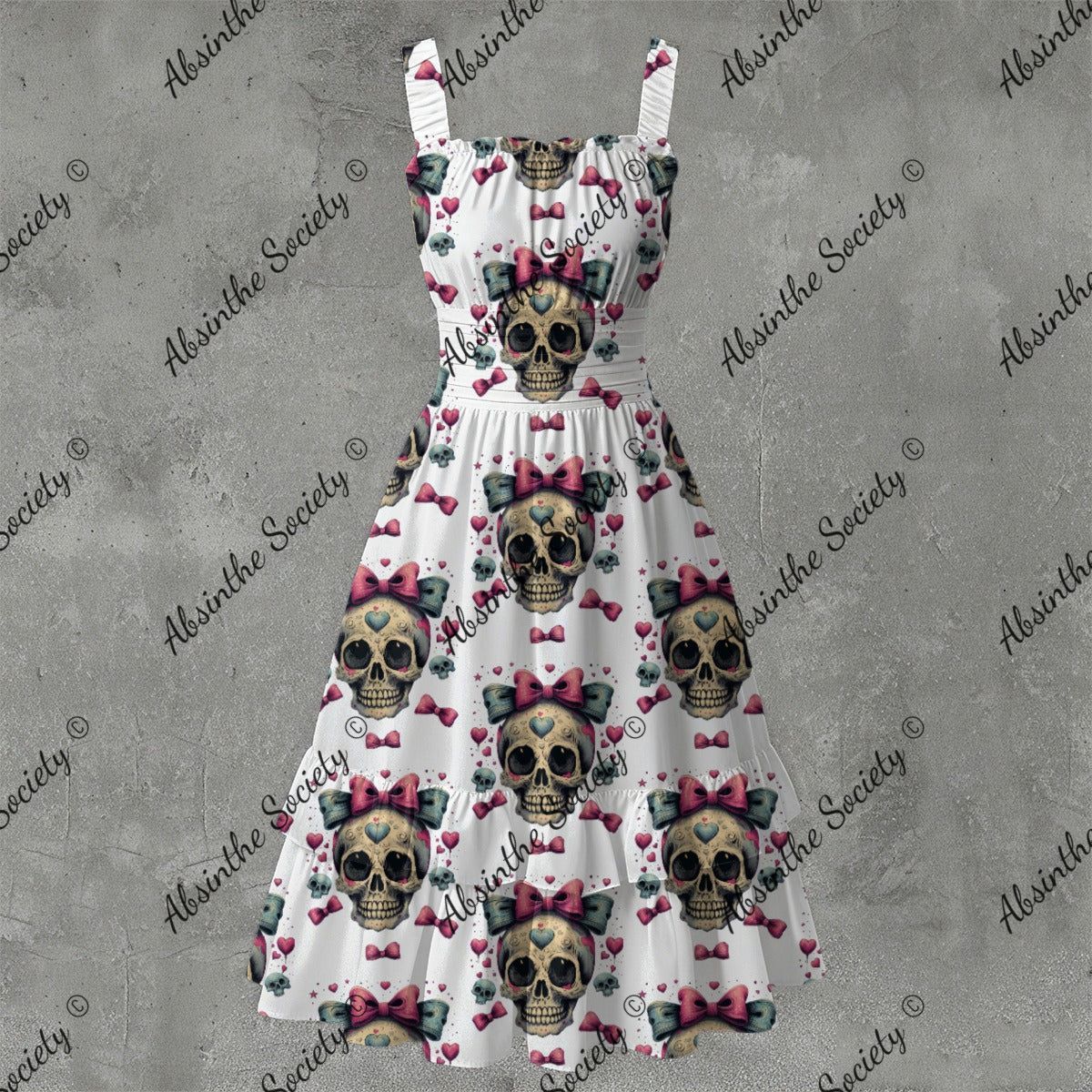 Cutie De Los Muertos Ruffle Hem Dress - Gothic Día de los Muertos White