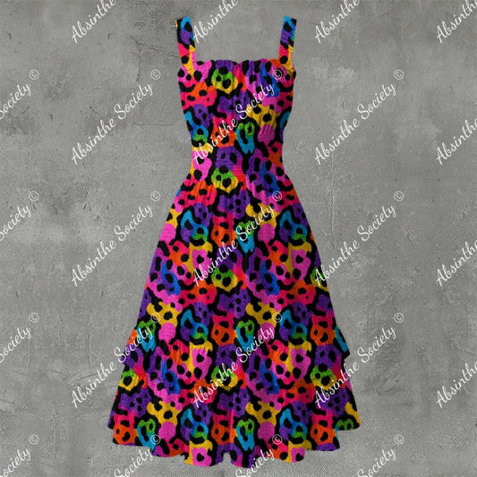 Radiant Leopard Ruffle Hem Dress - Gothic Animal Print Elegant White