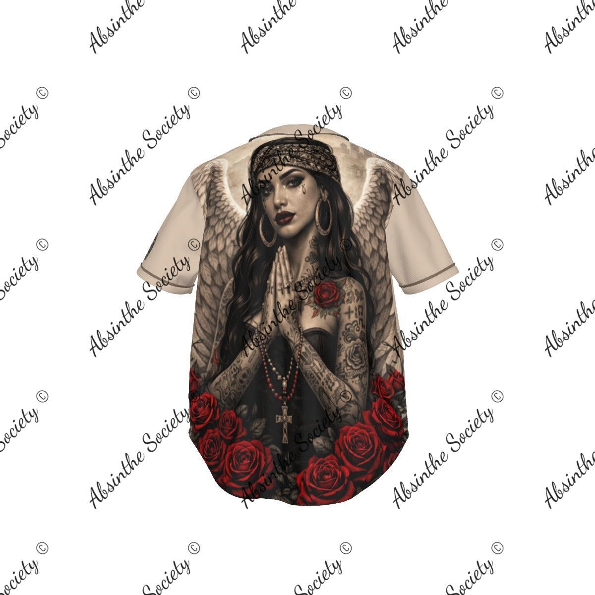La Jugadora | All-Over Print Pinstripe Baseball Jersey | Dark Chicana Gothic Streetwear