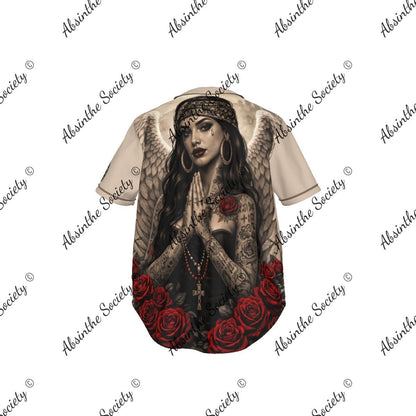 La Jugadora | All-Over Print Pinstripe Baseball Jersey | Dark Chicana Gothic Streetwear