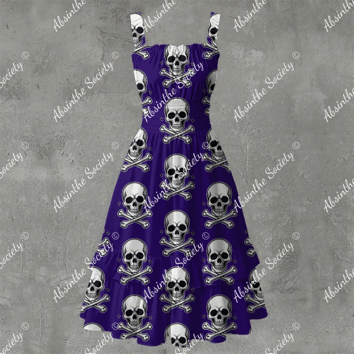 Skull Ritual Deep Purple- Ruffle Hem Dress White