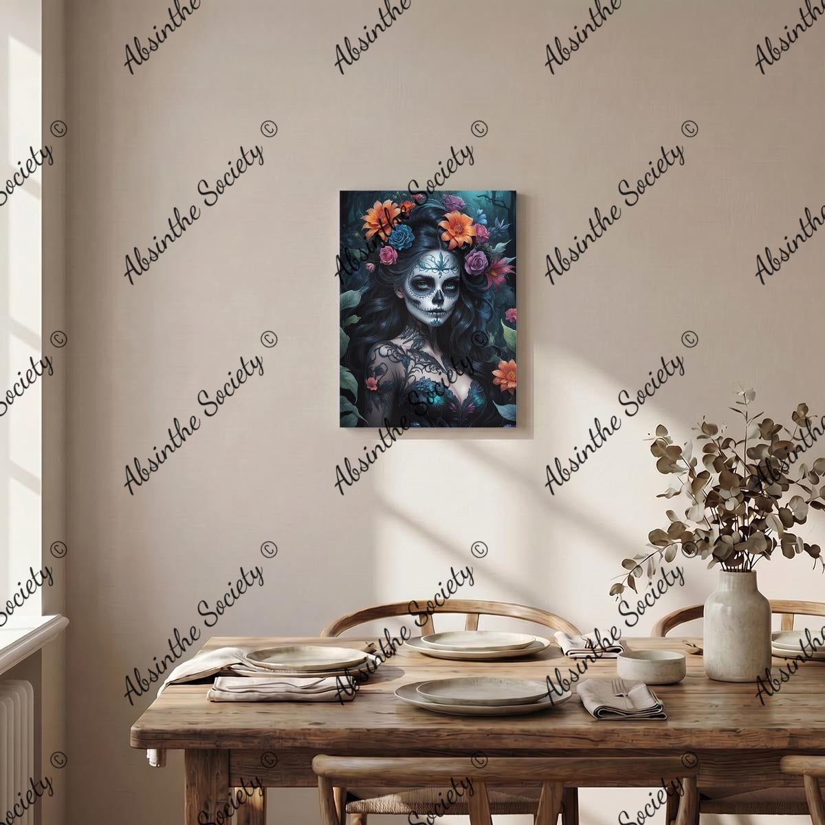 La Catrina Oscura | Dark Floral Framed Canvas Wall Art | Chicana Gothic Décor